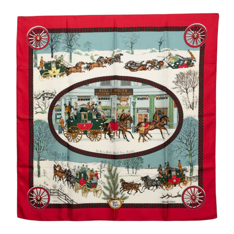 エルメス カレ90 冬の郵便馬車 L'Hiver en Poste スカーフ レッド マルチカラー シルク レディース HERMES 【中古】