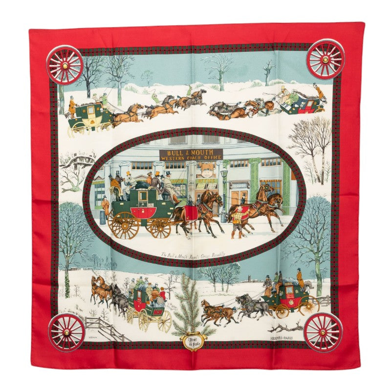 エルメス カレ90 冬の郵便馬車 L'Hiver en Poste スカーフ レッド マルチカラー シルク レディース HERMES 【中古】