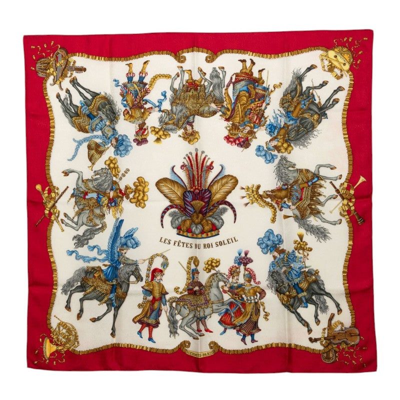 エルメス カレ90 太陽王の祝祭 Les Fêtes du Roi Soleil スカーフ レッド アイボリー シルク レディース HERMES 【中古】