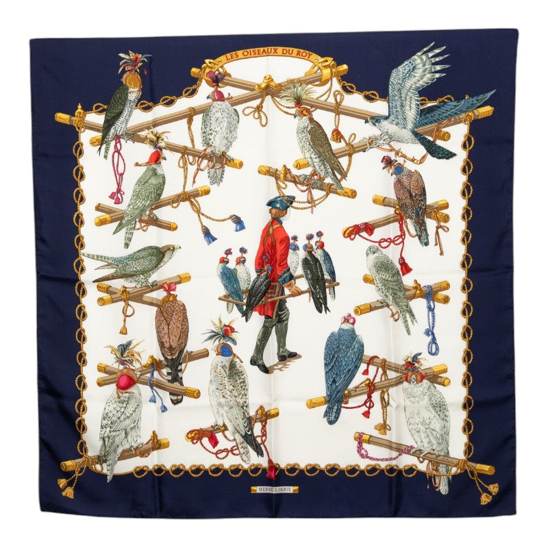 エルメス カレ90 LES OISEAUX DU ROY 王の鳥たち スカーフ ネイビー ホワイト シルク レディース HERMES 【中古】