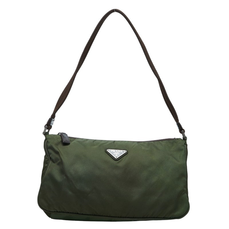 プラダ 三角ロゴプレート ショルダーバッグ B10073 グリーン ブラウン ナイロン レディース PRADA 【中古】