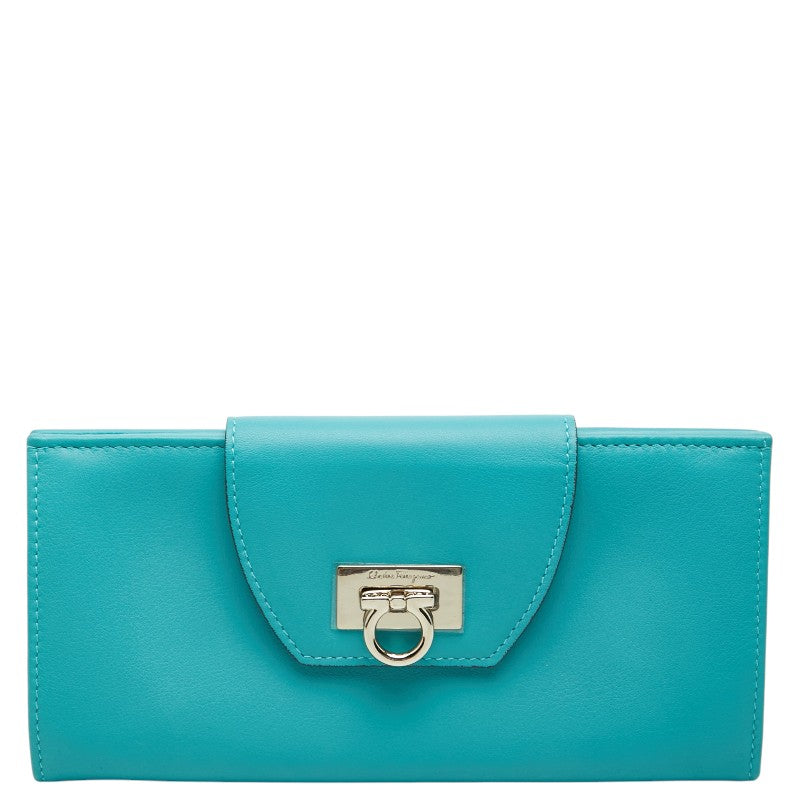 サルヴァトーレフェラガモ ガンチーニ 長財布 IR-224209 ターコイズブルー ゴールド レザー レディース Salvatore Ferragamo 【中古】