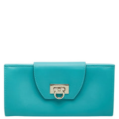 サルヴァトーレフェラガモ ガンチーニ 長財布 IR-224209 ターコイズブルー ゴールド レザー レディース Salvatore Ferragamo 【中古】