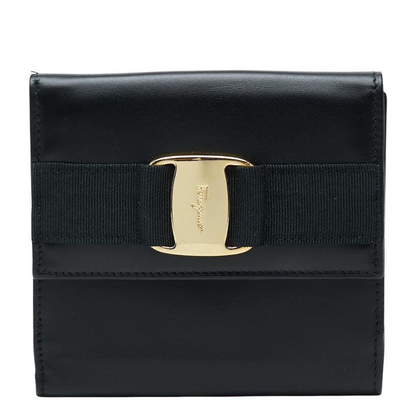 サルヴァトーレフェラガモ ヴァラ リボン 二つ折り財布 224074 ブラック ゴールド レザー レディース Salvatore Ferragamo 【中古】