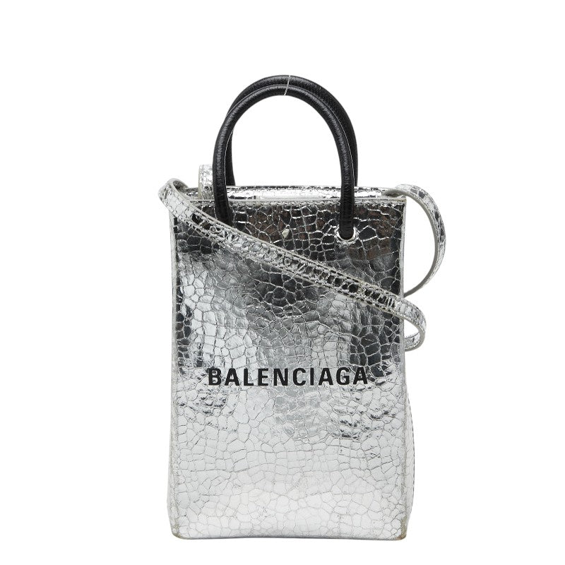 バレンシアガ ショッピング フォンホルダー ハンドバッグ ショルダーバッグ 593826 シルバー ブラック レザー レディース BALENCIAGA 【中古】
