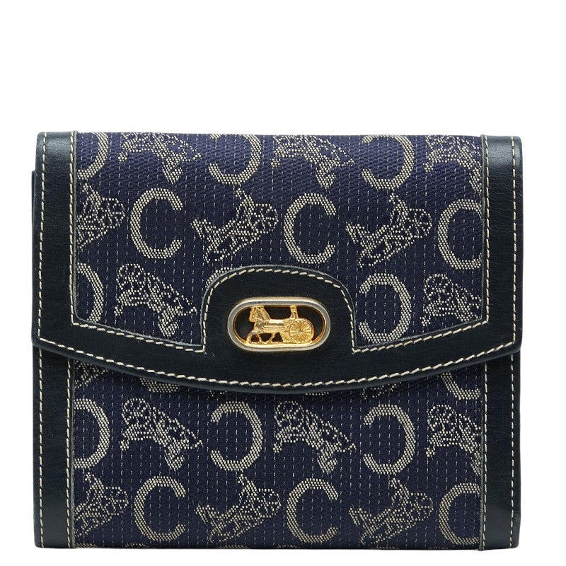 セリーヌ Cサルキー 二つ折り財布 ネイビー キャンバス レザー レディース CELINE 【中古】