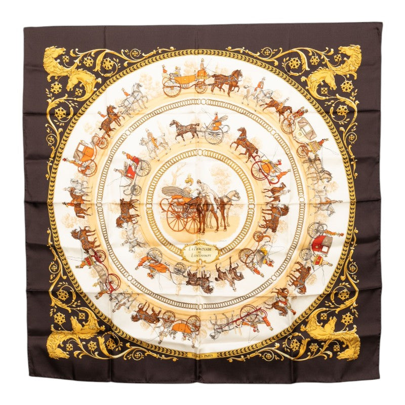 エルメス カレ90 LA PROMENADE DE LONGCHAMPS ロンシャンへの散歩 スカーフ ブラウン マルチカラー シルク レディース HERMES 【中古】