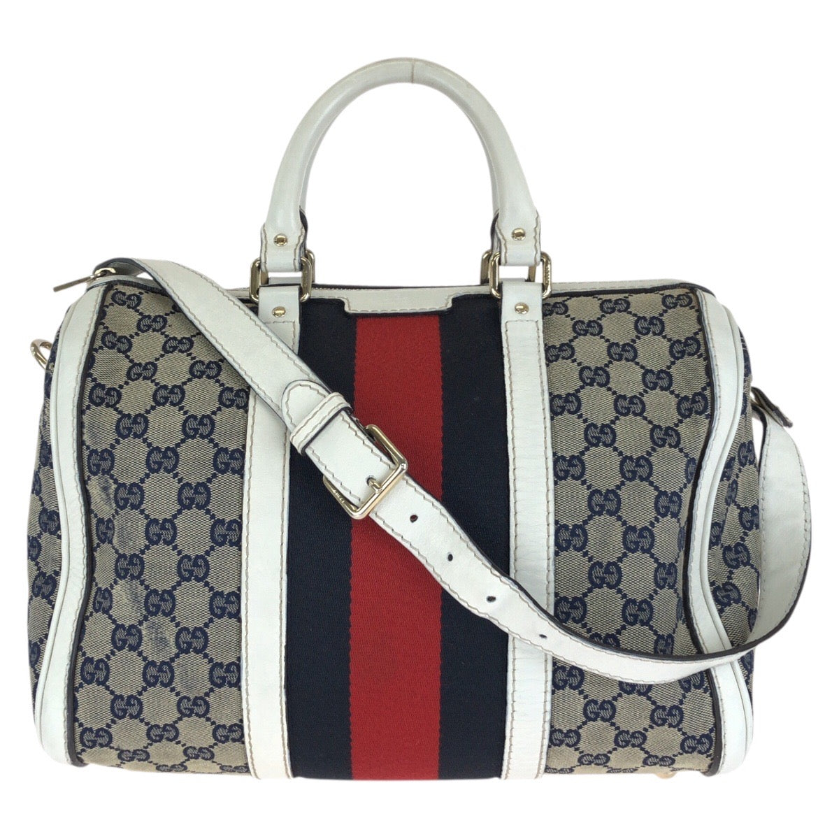 グッチ シェリーライン ハンドバッグ ショルダーバッグ 2WAY 247205 ネイビー マルチカラー キャンバス レザー レディース GUCCI 中古