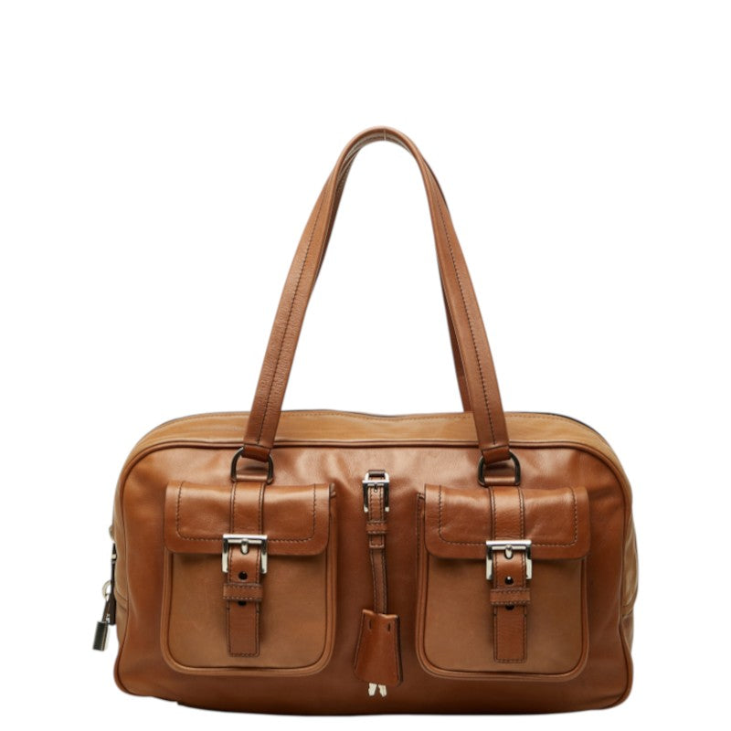 プラダ 三角ロゴプレート ボストンバッグ ハンドバッグ ブラウン レザー レディース PRADA 【中古】