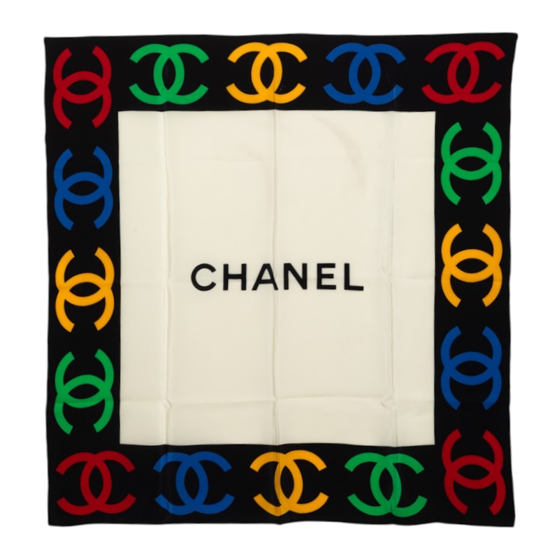 シャネル ココマーク ロゴ スカーフ マルチカラー ブラック アイボリー シルク レディース CHANEL 中古