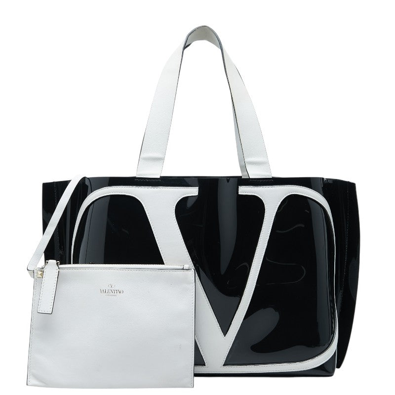 ヴァレンティノ Vロゴ ミディアム トートバッグ ハンドバッグ ブラック ホワイト PVC レザー レディース VALENTINO 【中古】