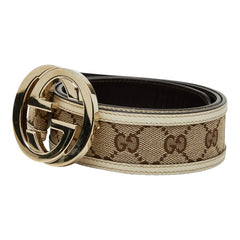 グッチ インターロッキングG GGキャンバス ベルト 85・34 114876 ベージュ ホワイト キャンバス レザー メンズ GUCCI 【中古】