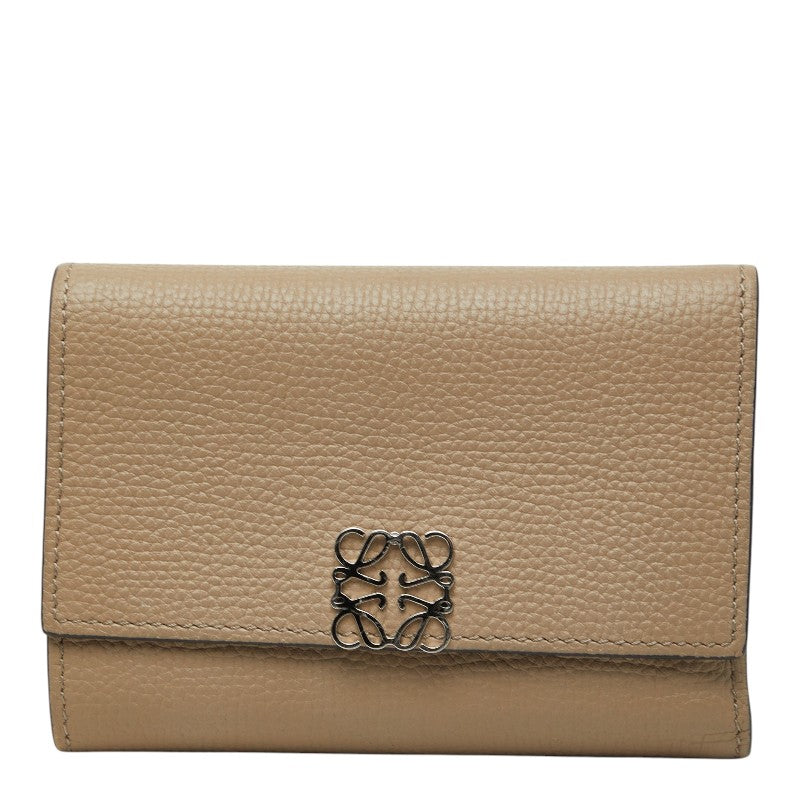 ロエベ アナグラム バーティカル スモール ウォレット 三つ折り財布 ベージュ レザー レディース LOEWE 【中古】