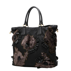プラダ ビーズ フラワー トートバッグ 2WAY ショルダーバッグ ブラック ナイロン レディース PRADA 中古