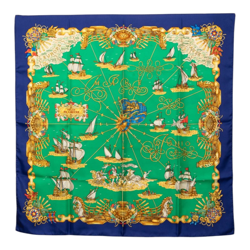 エルメス カレ90 VOILES DE LUMIERE 光の帆船 スカーフ グリーン マルチカラー シルク レディース HERMES 中古