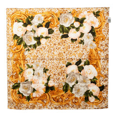 シャネル カメリア フラワー 花 バンダナ スカーフ アイボリ イエロー グリーン シルク レディース CHANEL 【中古】