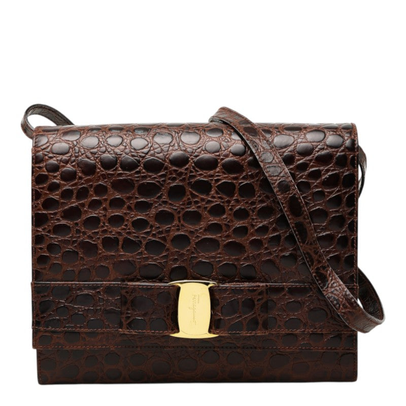 サルヴァトーレフェラガモ ヴァラリボン クロコダイル調 ショルダーバッグ Q213107 ブラウン レザー レディース Salvatore Ferragamo 中古