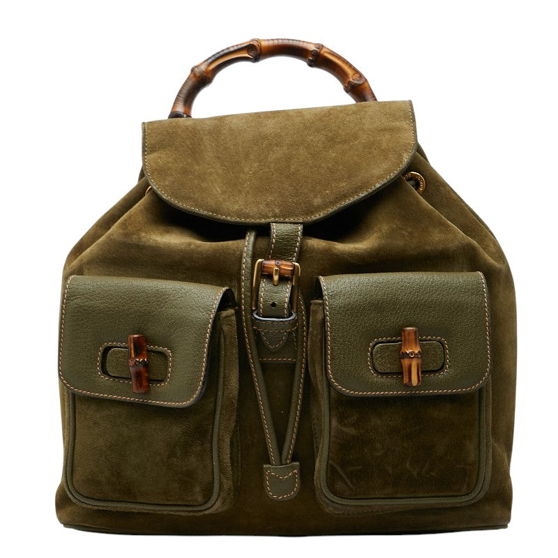 グッチ バンブー リュック バックパック 003 58 0016 カーキ グリーン スウェード レザー レディース GUCCI 【中古】