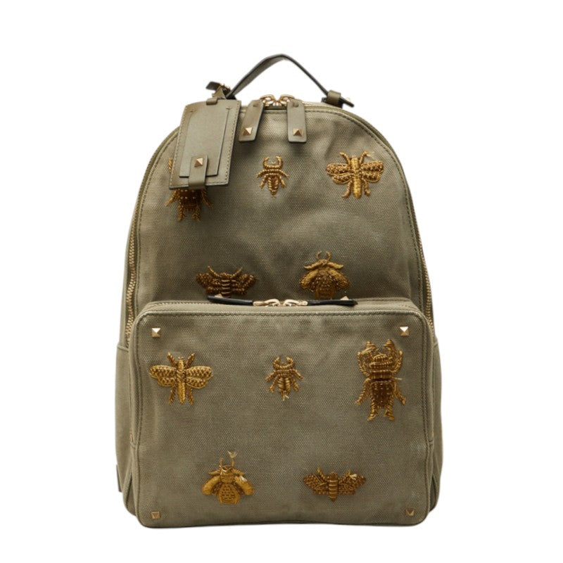ヴァレンティノ ガラヴァーニ ロックスタッズ 虫 リュック バックパック デイパック カーキ キャンバス レディース VALENTINO 中古