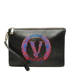 ヴェルサーチェ クラッチバッグ セカンドバッグ Vロゴ 刺繍デザイン ブラック レザー ユニセックス VERSACE 中古