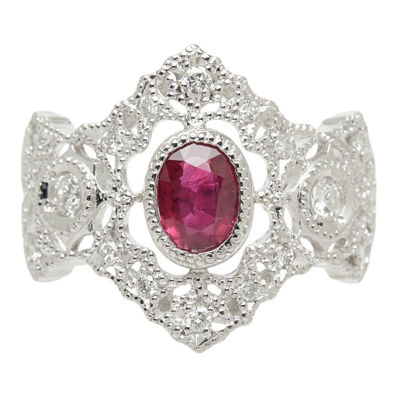 ルビー ダイヤモンド Pt900 プラチナ ルビー1.02ct ダイヤ0.35ct デザインリング ティアラモチーフ リング 指輪 レディース 15号 中古
