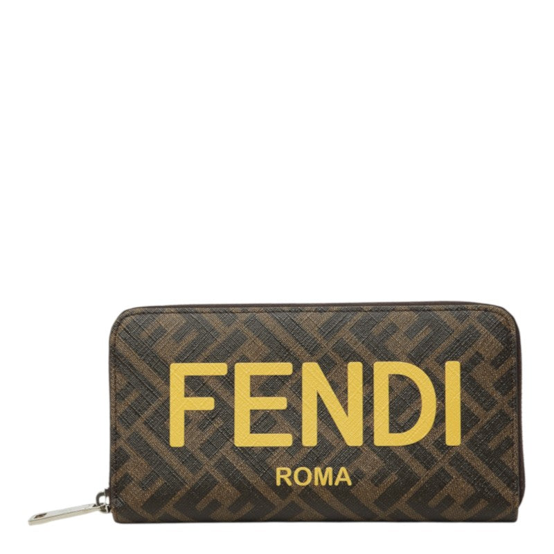 フェンディ ズッカ ラウンドファスナー 長財布 7M0342 ブラウン イエロー PVC レディース FENDI 中古
