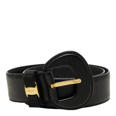 サルヴァトーレフェラガモ ヴァラ リボン 型押し ベルト サイズ 70 ブラック レザー メッキ レディース Salvatore Ferragamo 【中古】
