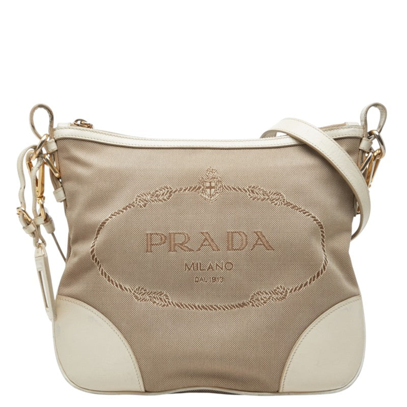 プラダ ロゴ 斜め掛け ショルダーバッグ ベージュ ホワイト キャンバス レザー レディース PRADA 中古