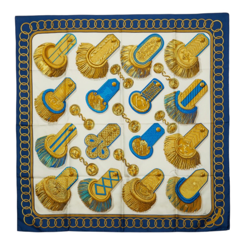 エルメス カレ90 式典肩章 Epaulettes エポレット スカーフ 大判スカーフ ホワイト ゴールド系 ブルー系 レディース HERMES 中古