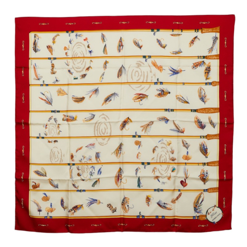 エルメス カレ90 Flies フライフィッシング スカーフ 大判スカーフ ホワイト マルチカラー レディース HERMES 中古