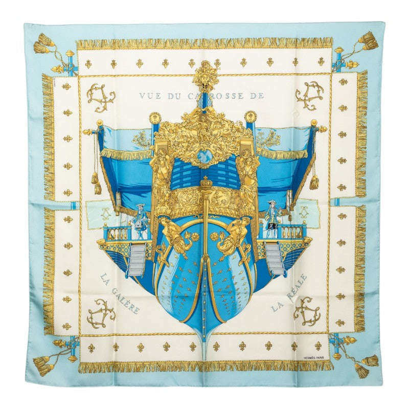 エルメス カレ90 VUE DU CARROSSE DE LA GALERE LA REALE クイーン戴冠式 スカーフ ブルー マルチカラー シルク レディース HERMES 中古
