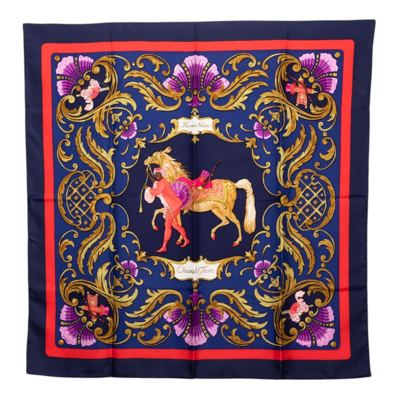 エルメス カレ90 Cheval Turc トルコの馬 スカーフ ネイビー マルチカラー シルク レディース HERMES 中古