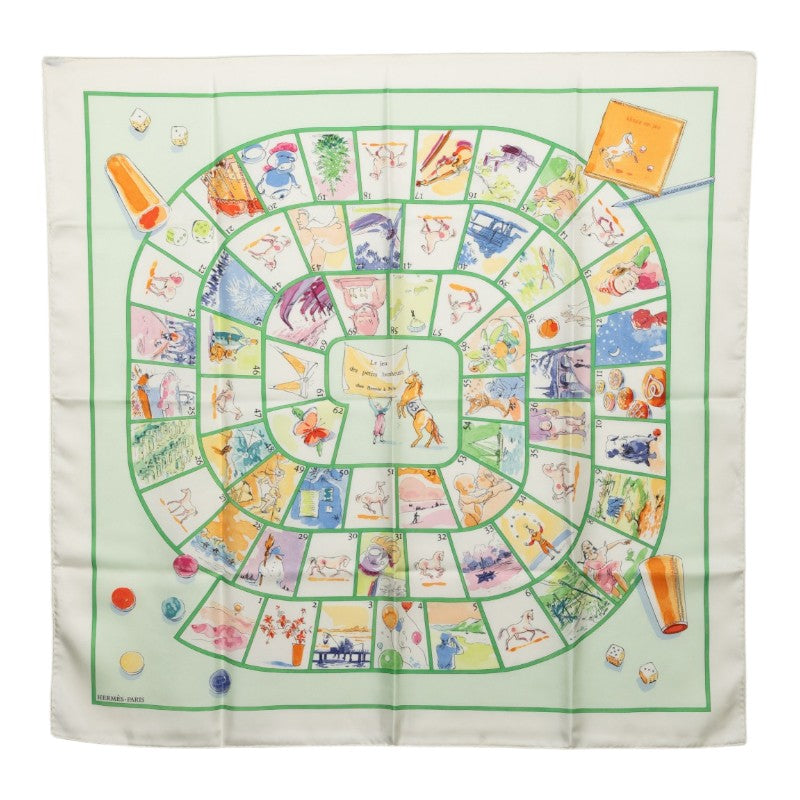 エルメス カレ90 Le jeu des petits bonheurs 小さな幸せのゲーム スカーフ マルチカラー ホワイト シルク レディース HERMES 中古