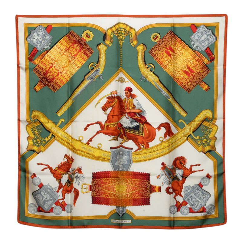 エルメス カレ90 オスマントルコの騎兵 1821 Hommage a l'Amitie Franco-Ellenique スカーフ グリーン マルチカラー シルク レディース HERMES 中古
