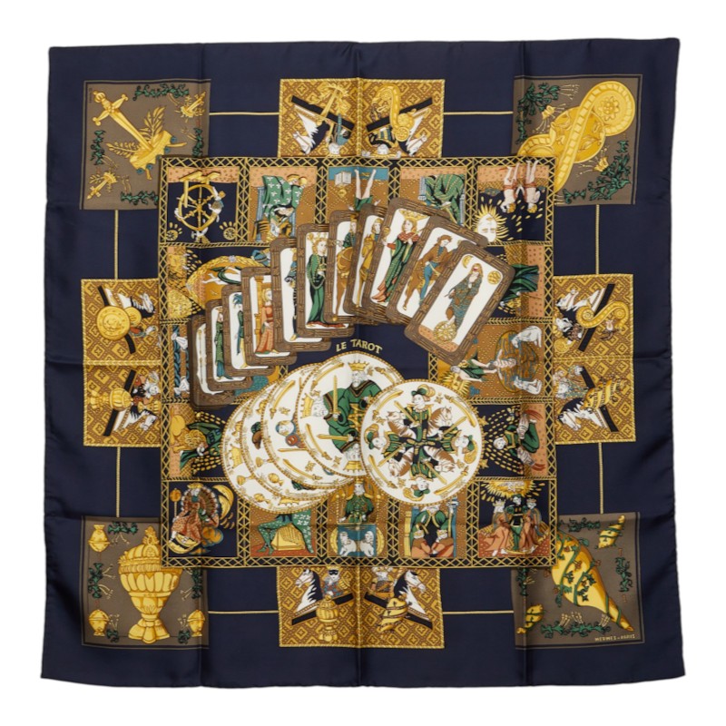 エルメス カレ90 LE TAROT タロットカード スカーフ 大判 ネイビー マルチカラー シルク レディース HERMES 中古