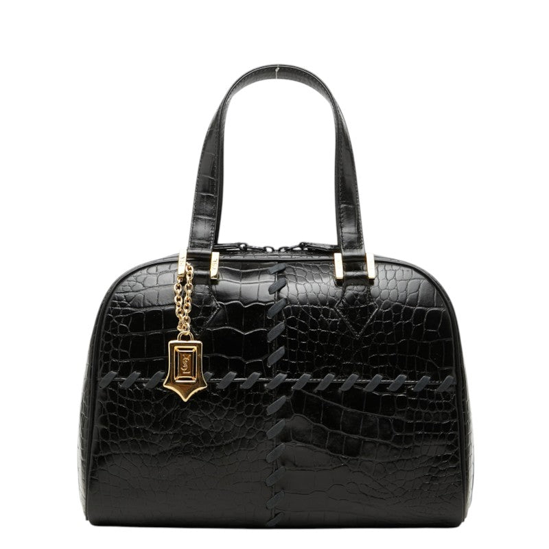 サンローラン ロゴ クロコ型押し ハンドバッグ ブラック レザー レディース SAINT LAURENT 中古
