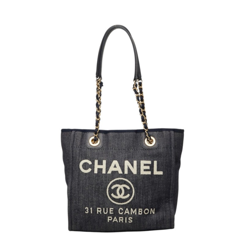 シャネル ココマーク ドーヴィルPM チェーン トートバッグ ショルダーバッグ ネイビー キャンバス レザー レディース CHANEL 【中古】