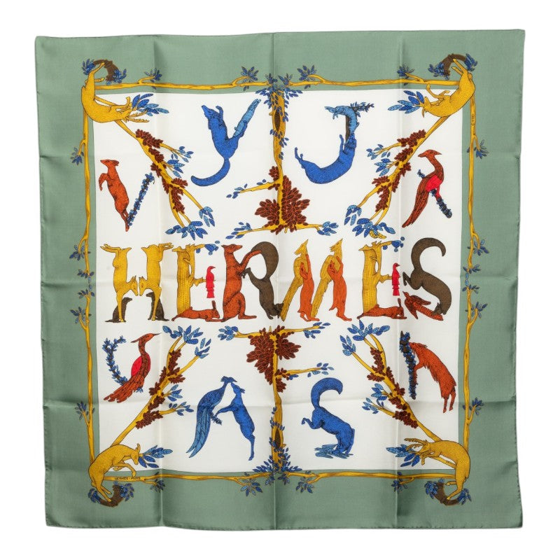 エルメス カレ90 アニマル アルファベット ANIMAL ALPHABET スカーフ グリーン マルチカラー シルク レディース HERMES 中古