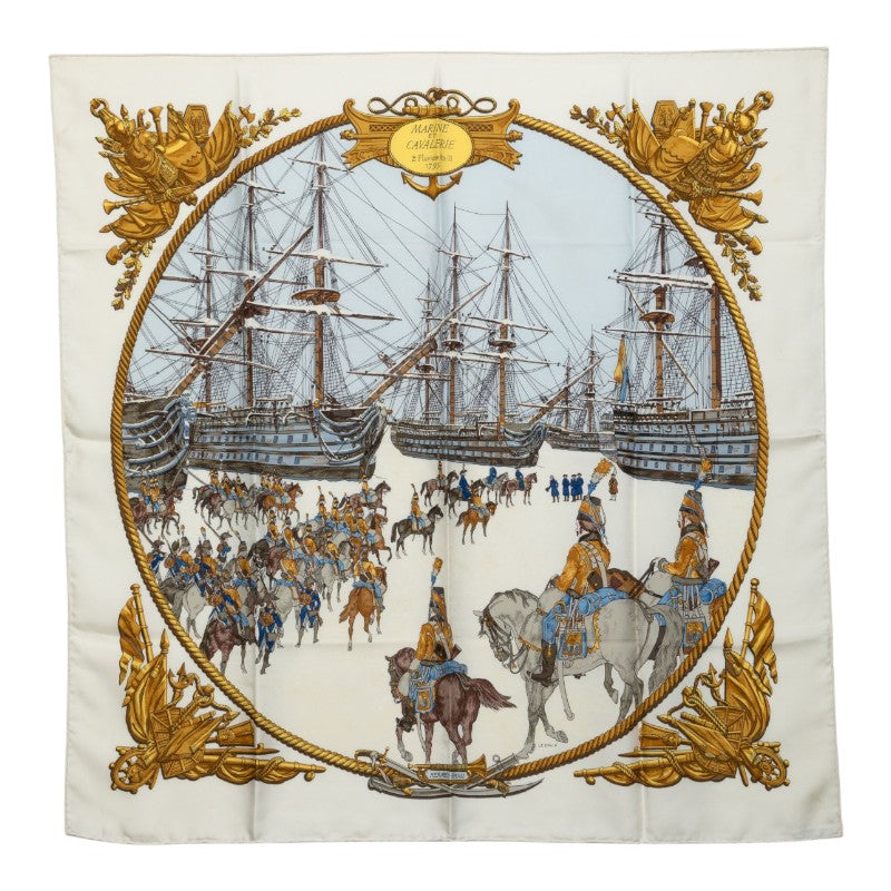 エルメス カレ90 MARINE ET CAVALERIE 海と騎兵隊 スカーフ ホワイト マルチカラー シルク レディース HERMES 中古