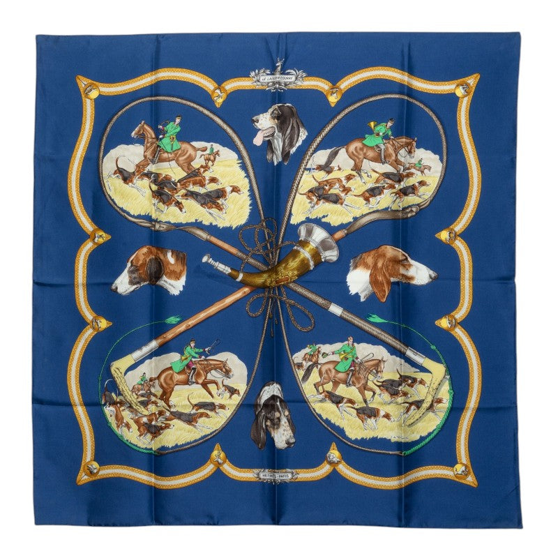 エルメス カレ90 LE LAISSER COURRE 猟犬 スカーフ ブルー シルク レディース HERMES 中古