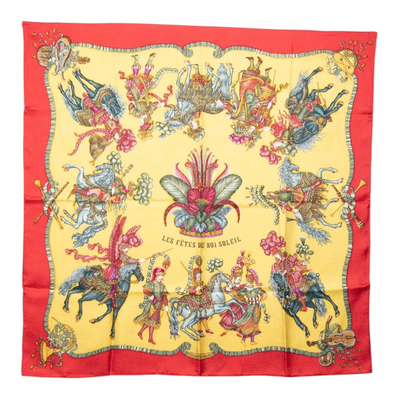 エルメス カレ90 LES FÊTES DU ROI SOLEIL 太陽王の祝典 スカーフ レッド イエロー マルチカラー シルク レディース HERMES 中古
