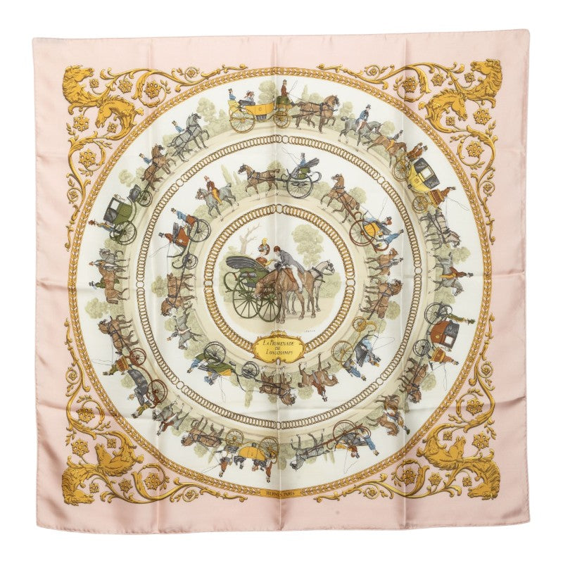 エルメス カレ90 ロンシャンへの散歩 La Promenade de Longchamps スカーフ ピンク系 マルチカラー シルク レディース HERMES 中古