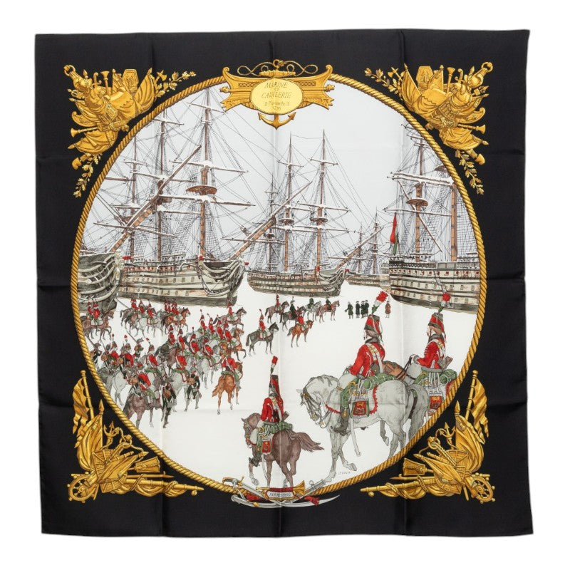 エルメス カレ90 MARINE ET CAVALERIE 海と騎兵隊 スカーフ ブラック マルチカラー シルク レディース HERMES 中古