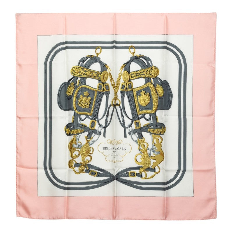 エルメス カレ90 Brides de Gala 式典用馬勒 スカーフ ライトピンク マルチカラー シルク レディース HERMES 中古