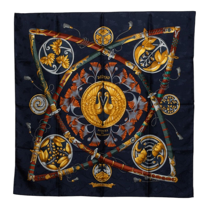 エルメス カレ90 DAIMYO PRINCES DU SOLEIL LEVANT 大名 日出る国の皇子 スカーフ 大判 ネイビー系 マルチカラー シルク レディース HERMES 中古