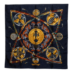 エルメス カレ90 DAIMYO PRINCES DU SOLEIL LEVANT 大名 日出る国の皇子 スカーフ 大判 ネイビー系 マルチカラー シルク レディース HERMES 中古