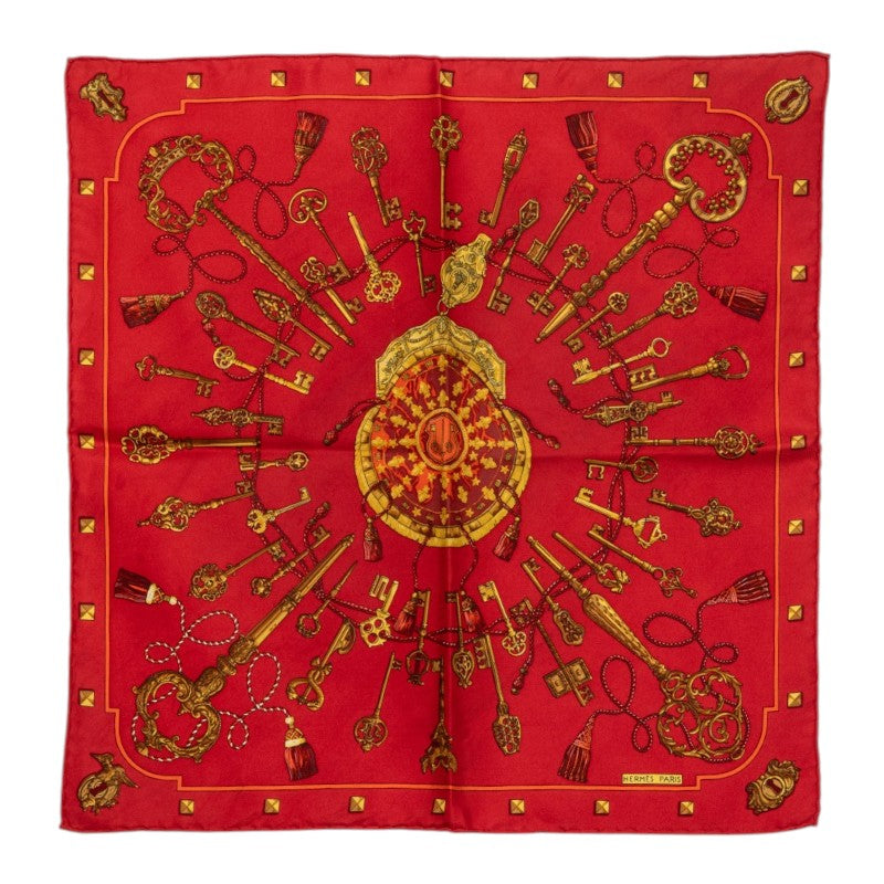 エルメス カレ42 LES CLES 鍵 スカーフ レッド シルク レディース HERMES 中古