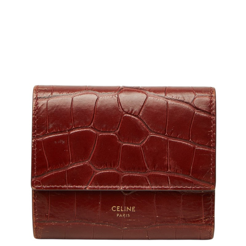 セリーヌ クロコ型押し スモール トリフォールドウォレット 三つ折り財布 レッド レザー レディース CELINE 中古