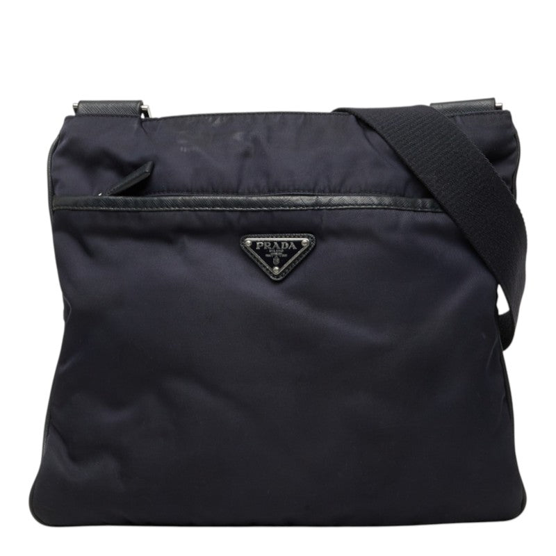 プラダ 三角ロゴプレート 斜め掛け ショルダーバッグ ネイビー ナイロン レザー レディース PRADA 中古