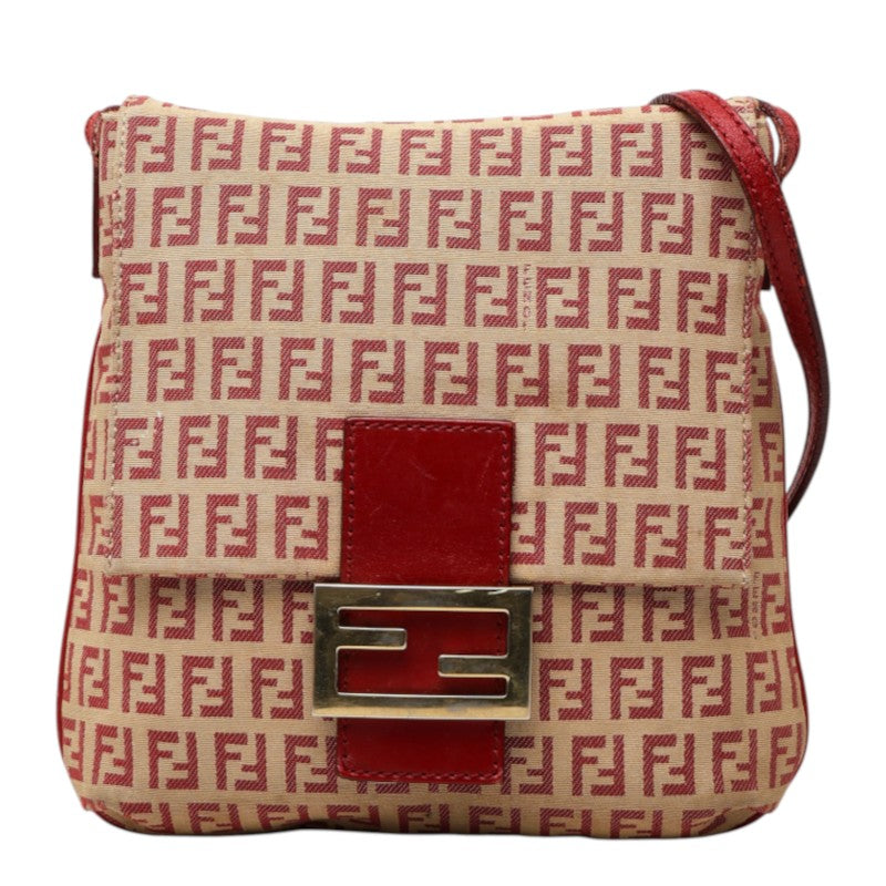 フェンディ ズッキーノ 斜め掛け ショルダーバッグ 8BT075 レッド ベージュ キャンバス レザー レディース FENDI 中古